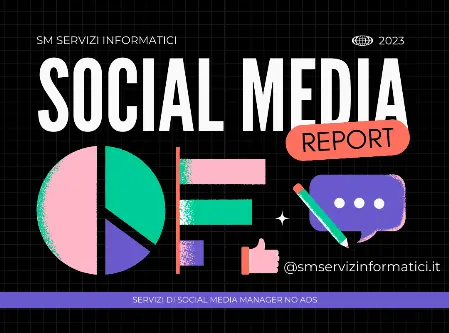 Infografica sui servizi di Social Media Manager con scritte testuali, grafici e report con icone stilizzate